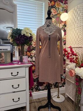 Windsor Rose Gold Sequin Long Sleeve V-Neck Mini Dress with Tie